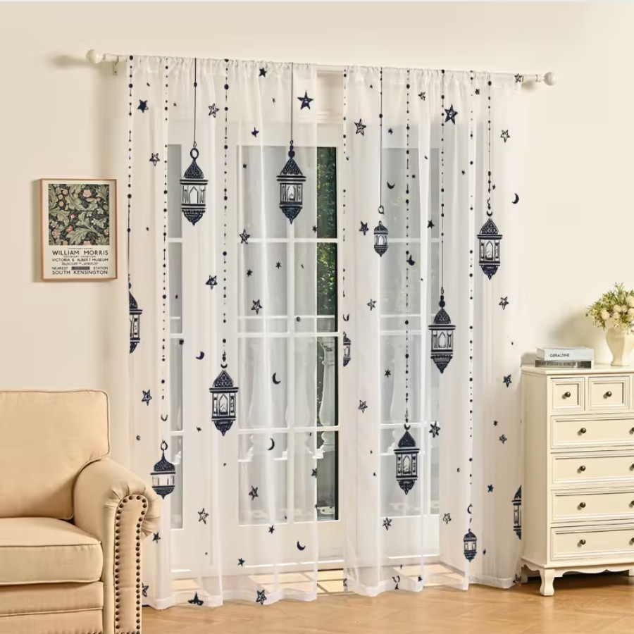 2PCS Digital Print Sheer Curta - đánh giá và giá Office Lighting Decor